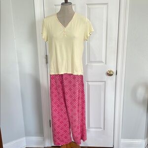 Vintage Bali Studio Yellow Top Pink Polka Dot 100% cotton pants pajama pj Set M